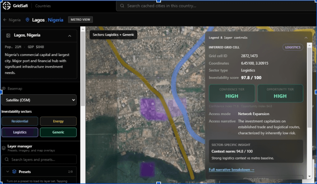 GridSafi Lagos metro view — logistics sector investability scoring and layer controls